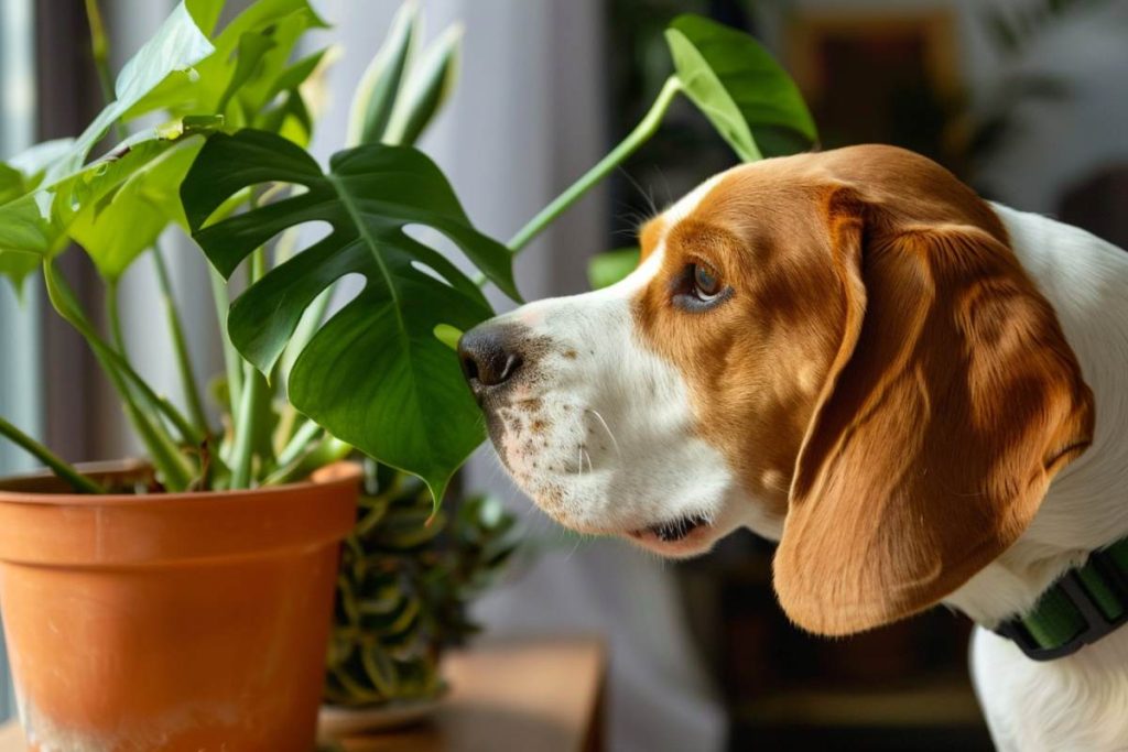 dog and monstera plant